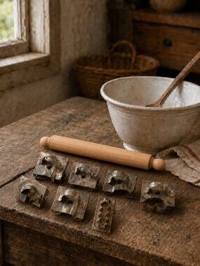 Vintage Metal Cookie Cutters & Wooden Rolling Pin Farmhouse Kitchen Set